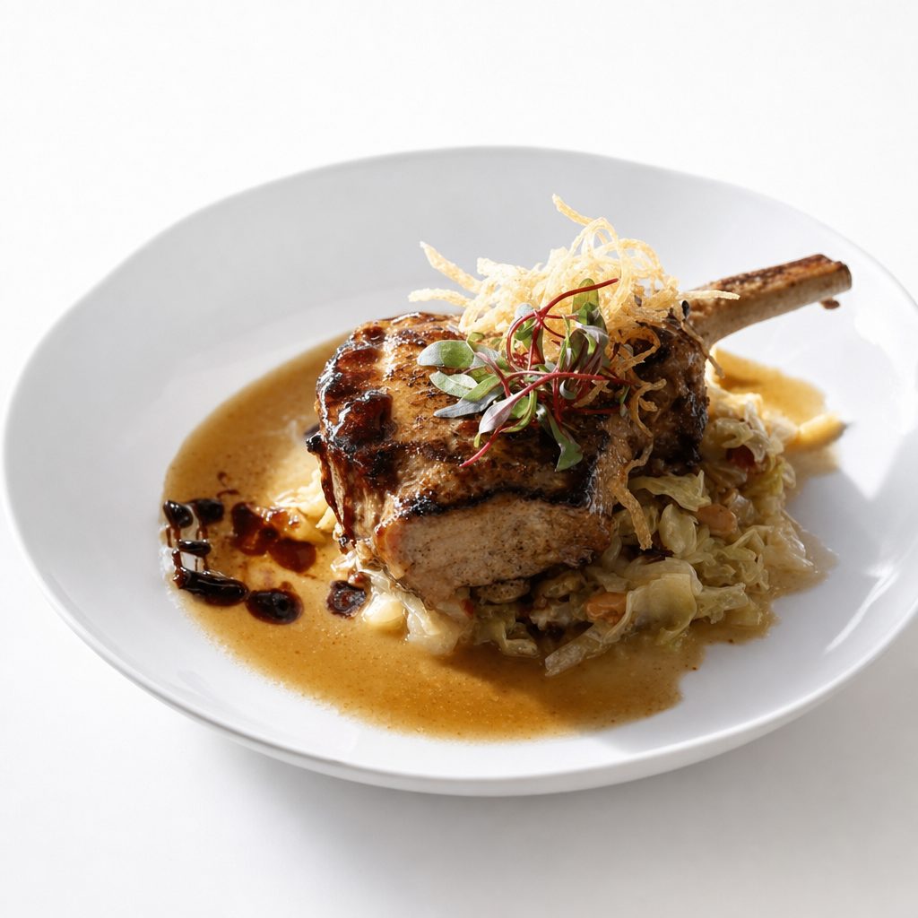 Grilled double-cut pork chop.